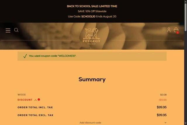 Peugeot checkout page showing Peugeot promo code box | Screenshot taken by SimplyCodes community member on Aug 18, 2025