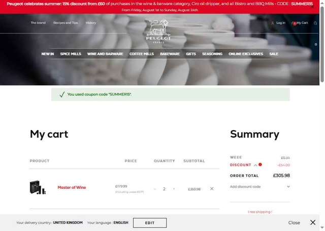 Peugeot checkout page showing Peugeot promo code box | Screenshot taken by SimplyCodes community member on Aug 15, 2025