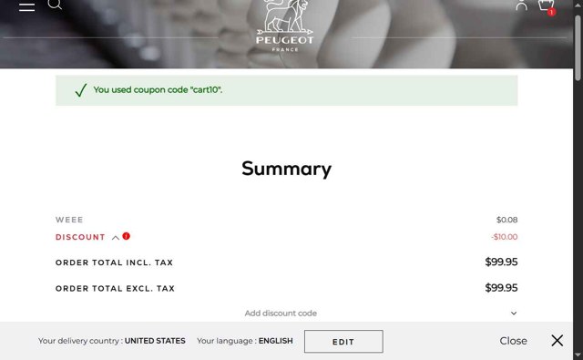 Peugeot checkout page showing Peugeot promo code box | Screenshot taken by SimplyCodes community member on Sep 3, 2025