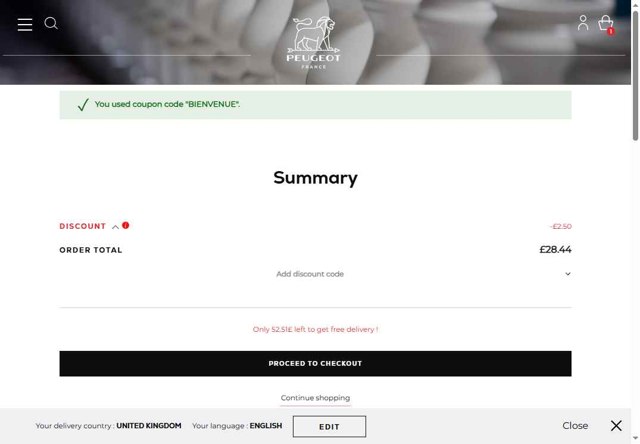 Peugeot checkout page showing Peugeot promo code box | Screenshot taken by SimplyCodes community member on Jul 30, 2025