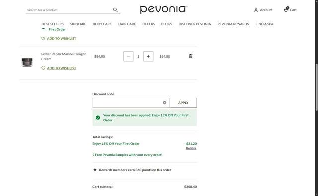 Pevonia checkout page showing Pevonia promo code box | Screenshot taken by SimplyCodes community member on Jul 1, 2025