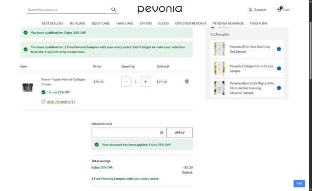 Pevonia checkout page showing Pevonia promo code box | Screenshot taken by SimplyCodes community member on Jul 4, 2025