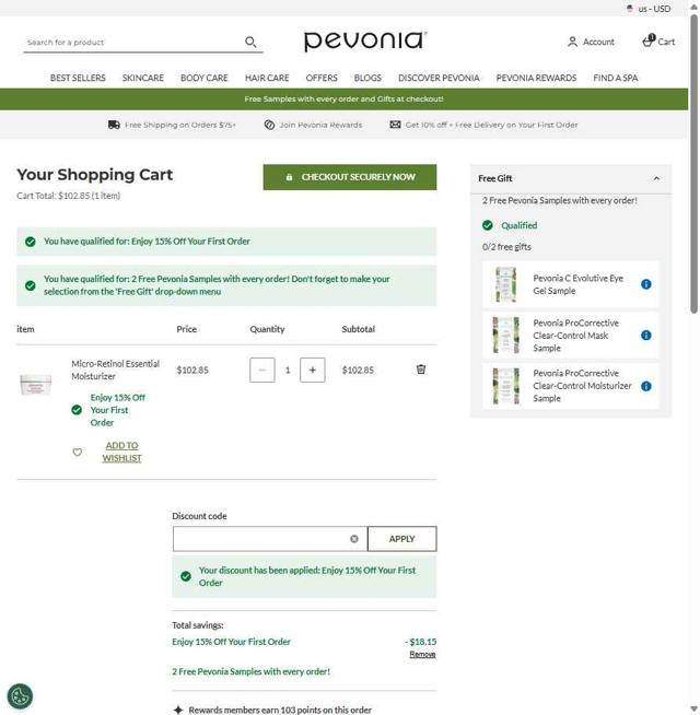 Pevonia checkout page showing Pevonia promo code box | Screenshot taken by SimplyCodes community member on Sep 11, 2025