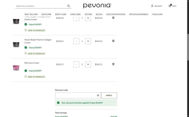 Pevonia checkout page showing Pevonia promo code box | Screenshot taken by SimplyCodes community member on Aug 22, 2025