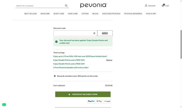 Pevonia checkout page showing Pevonia promo code box | Screenshot taken by SimplyCodes community member on Sep 13, 2025