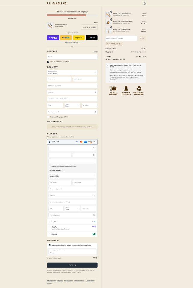 P.F. Candle Co checkout page showing P.F. Candle Co discount code box | Screenshot taken by SimplyCodes community member on Aug 21, 2025