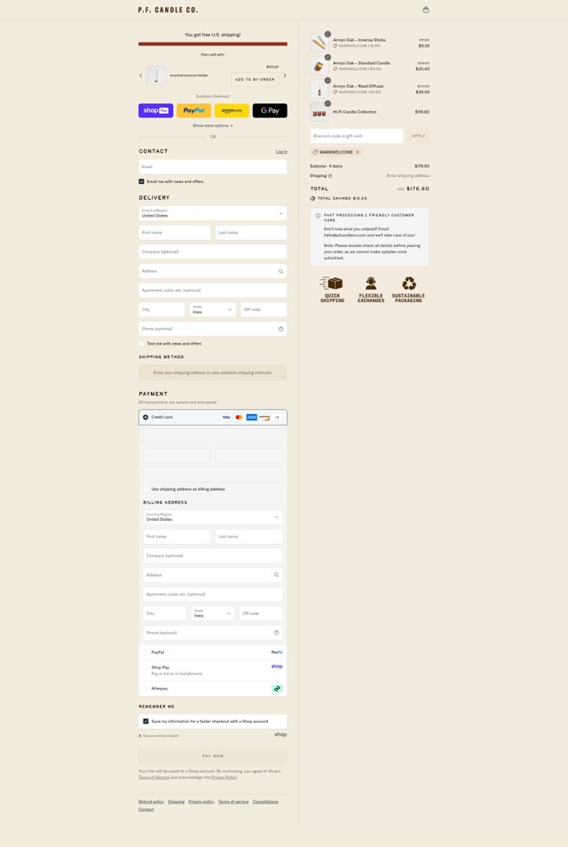 P.F. Candle Co checkout page showing P.F. Candle Co discount code box | Screenshot taken by SimplyCodes community member on Aug 27, 2025