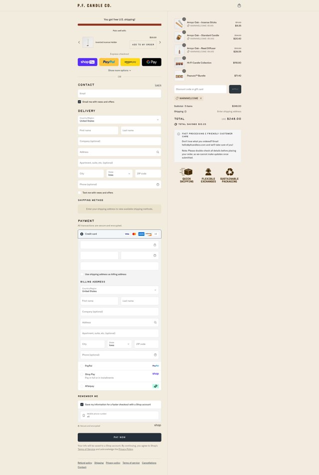 P.F. Candle Co checkout page showing P.F. Candle Co discount code box | Screenshot taken by SimplyCodes community member on Aug 17, 2025