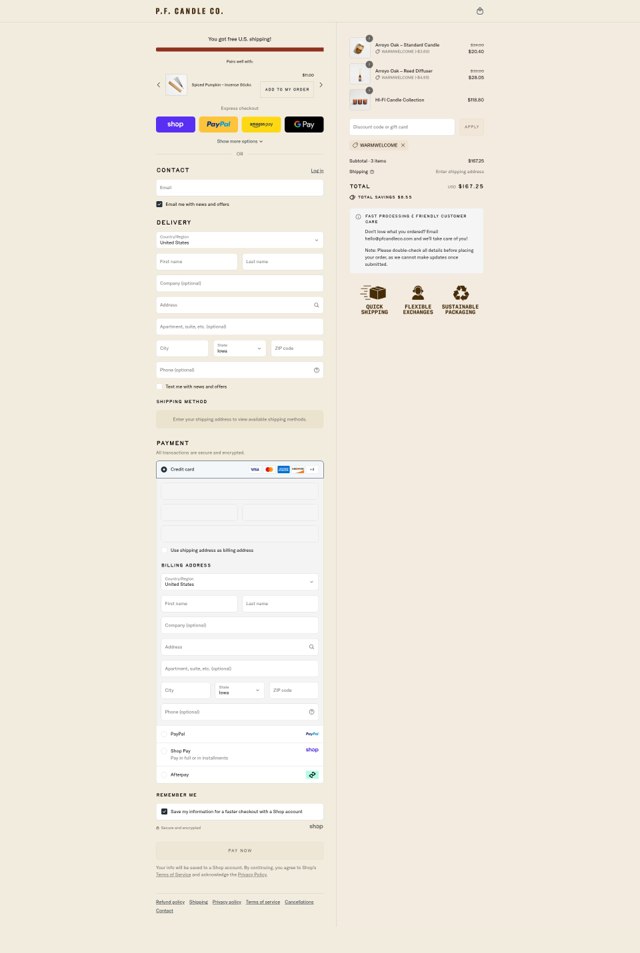 P.F. Candle Co checkout page showing P.F. Candle Co discount code box | Screenshot taken by SimplyCodes community member on Sep 4, 2025