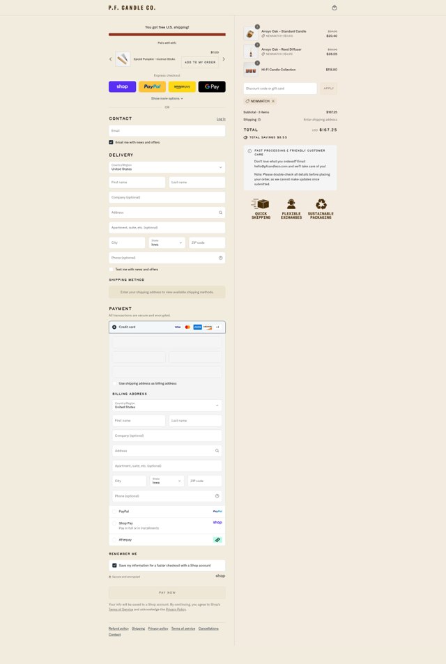 P.F. Candle Co checkout page showing P.F. Candle Co discount code box | Screenshot taken by SimplyCodes community member on Aug 31, 2025