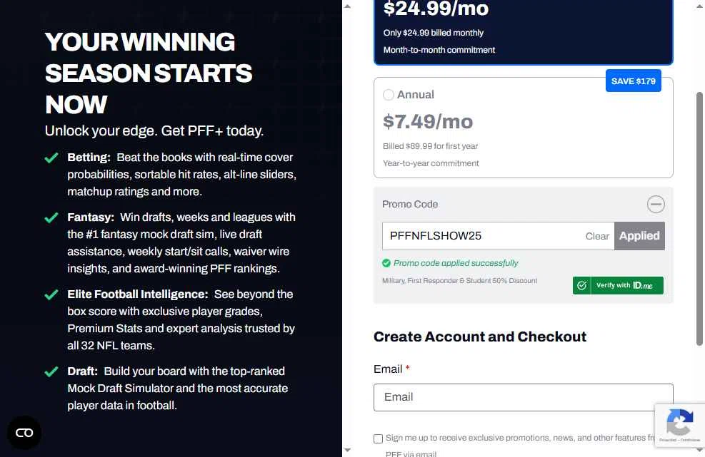 Pro Football Focus checkout page showing Pro Football Focus promo code box | Screenshot taken by SimplyCodes community member on Feb 17, 2026