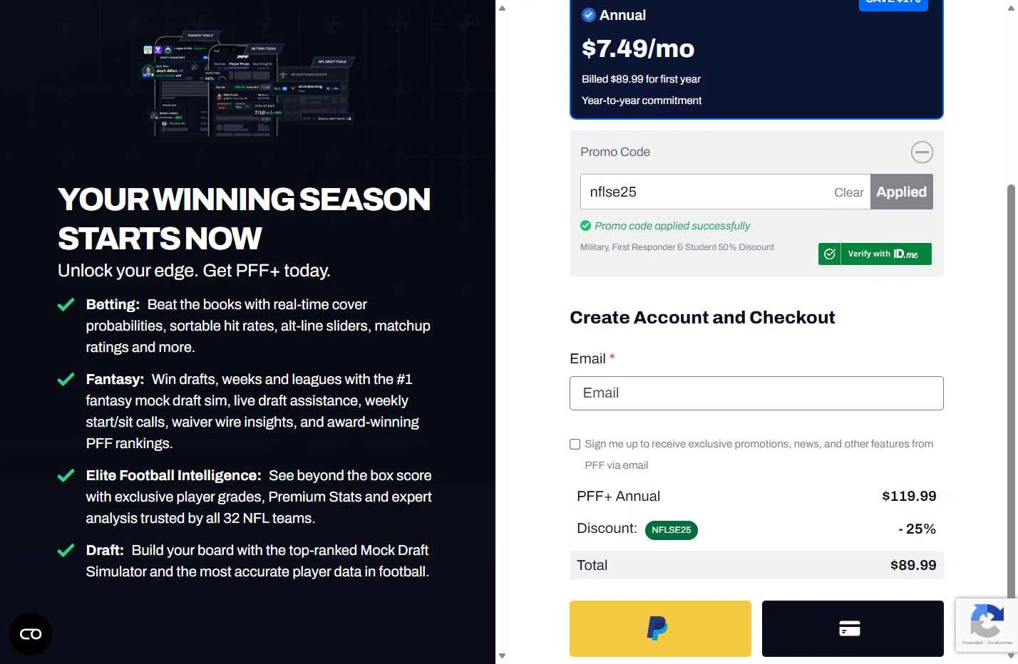 Pro Football Focus checkout page showing Pro Football Focus promo code box | Screenshot taken by SimplyCodes community member on Feb 13, 2026