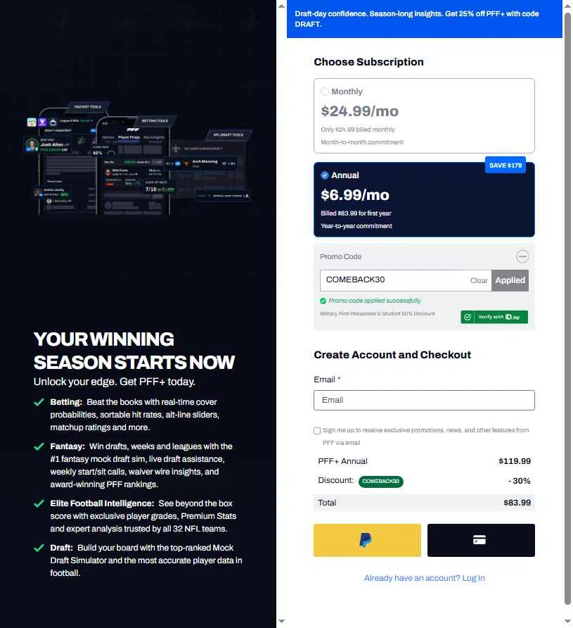 Pro Football Focus checkout page showing Pro Football Focus promo code box | Screenshot taken by SimplyCodes community member on Feb 13, 2026