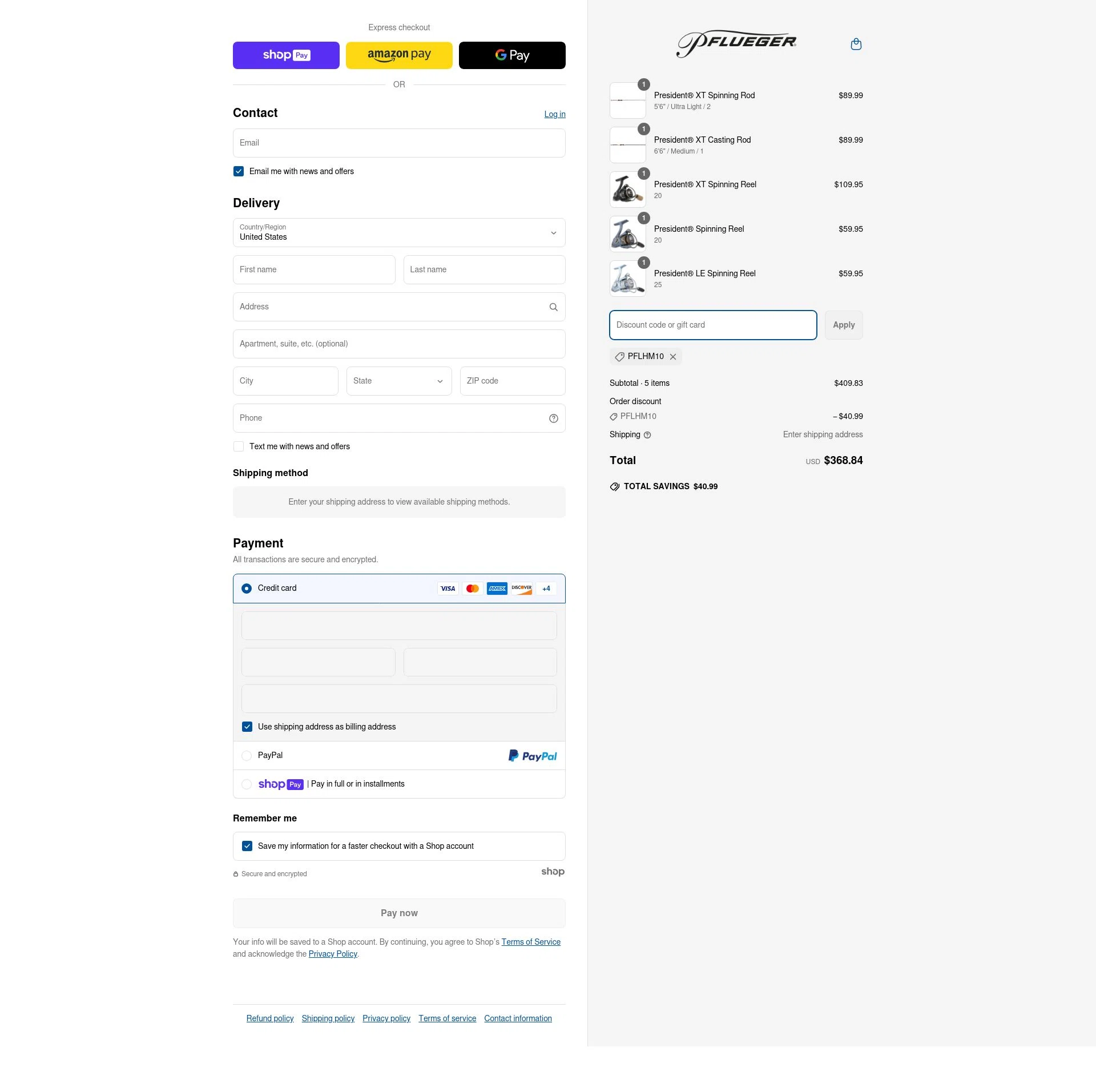 Pflueger checkout page showing Pflueger discount code box | Screenshot taken by SimplyCodes community member on Apr 3, 2025