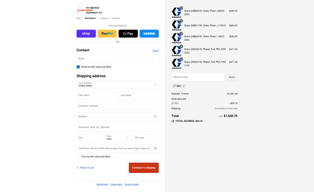Pittsburgh Spray Equipment checkout page showing Pittsburgh Spray Equipment discount code box | Screenshot taken by SimplyCodes community member on Sep 4, 2025