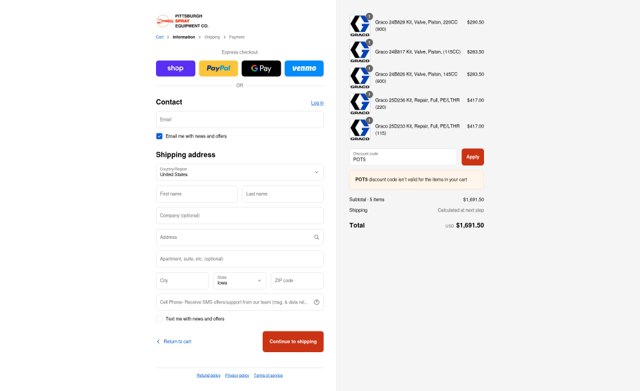 Pittsburgh Spray Equipment checkout page showing Pittsburgh Spray Equipment discount code box | Screenshot taken by SimplyCodes community member on Sep 4, 2025