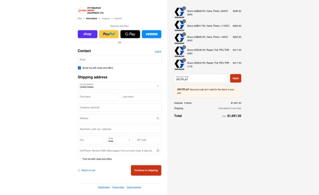 Pittsburgh Spray Equipment checkout page showing Pittsburgh Spray Equipment discount code box | Screenshot taken by SimplyCodes community member on Sep 4, 2025