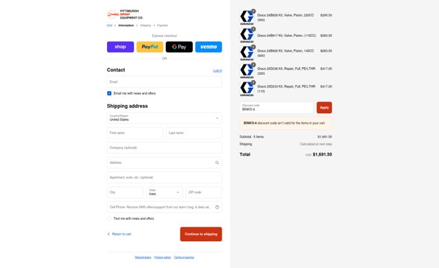 Pittsburgh Spray Equipment checkout page showing Pittsburgh Spray Equipment discount code box | Screenshot taken by SimplyCodes community member on Sep 4, 2025