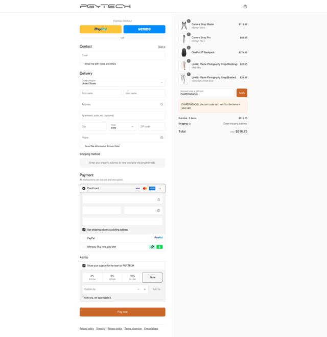 PGYTECH checkout page showing PGYTECH promo code box | Screenshot taken by SimplyCodes community member on Sep 15, 2025