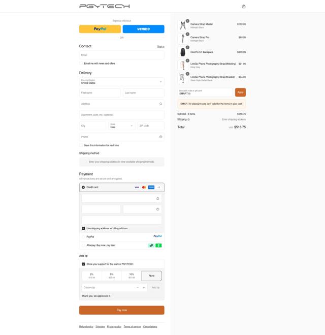 PGYTECH checkout page showing PGYTECH promo code box | Screenshot taken by SimplyCodes community member on Sep 15, 2025