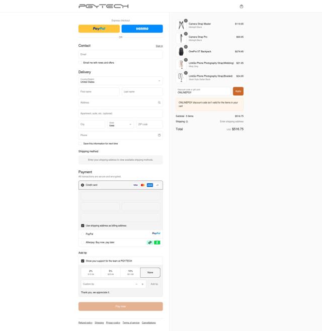 PGYTECH checkout page showing PGYTECH promo code box | Screenshot taken by SimplyCodes community member on Sep 15, 2025