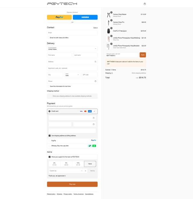 PGYTECH checkout page showing PGYTECH promo code box | Screenshot taken by SimplyCodes community member on Sep 15, 2025