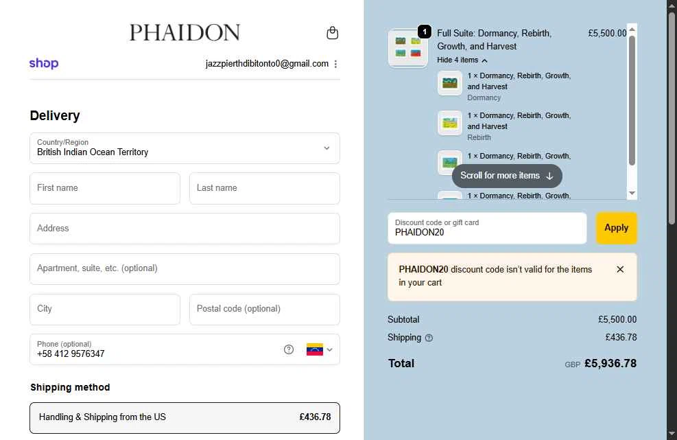 Phaidon checkout page showing Phaidon discount code box | Screenshot taken by SimplyCodes community member on Dec 3, 2025