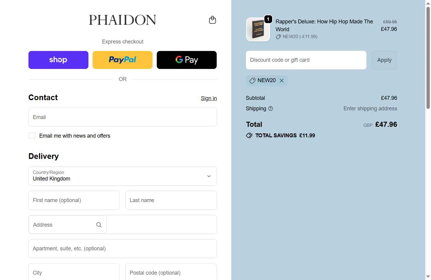 Phaidon checkout page showing Phaidon discount code box | Screenshot taken by SimplyCodes community member on Jan 14, 2026