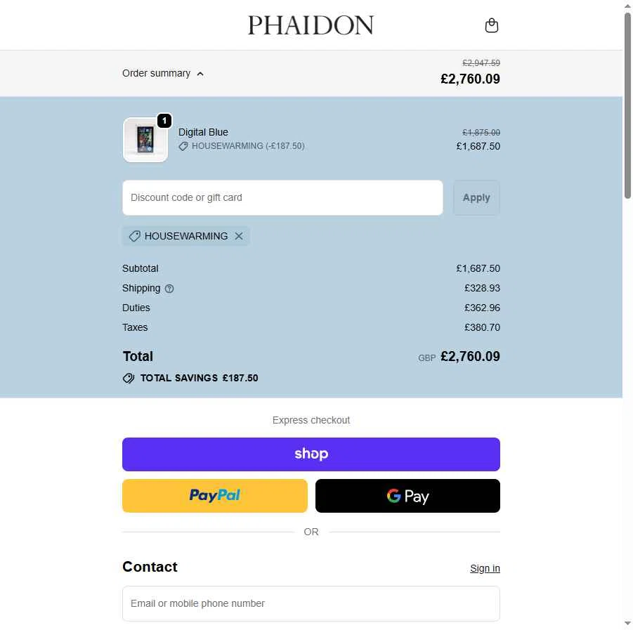 Phaidon checkout page showing Phaidon discount code box | Screenshot taken by SimplyCodes community member on Nov 4, 2025