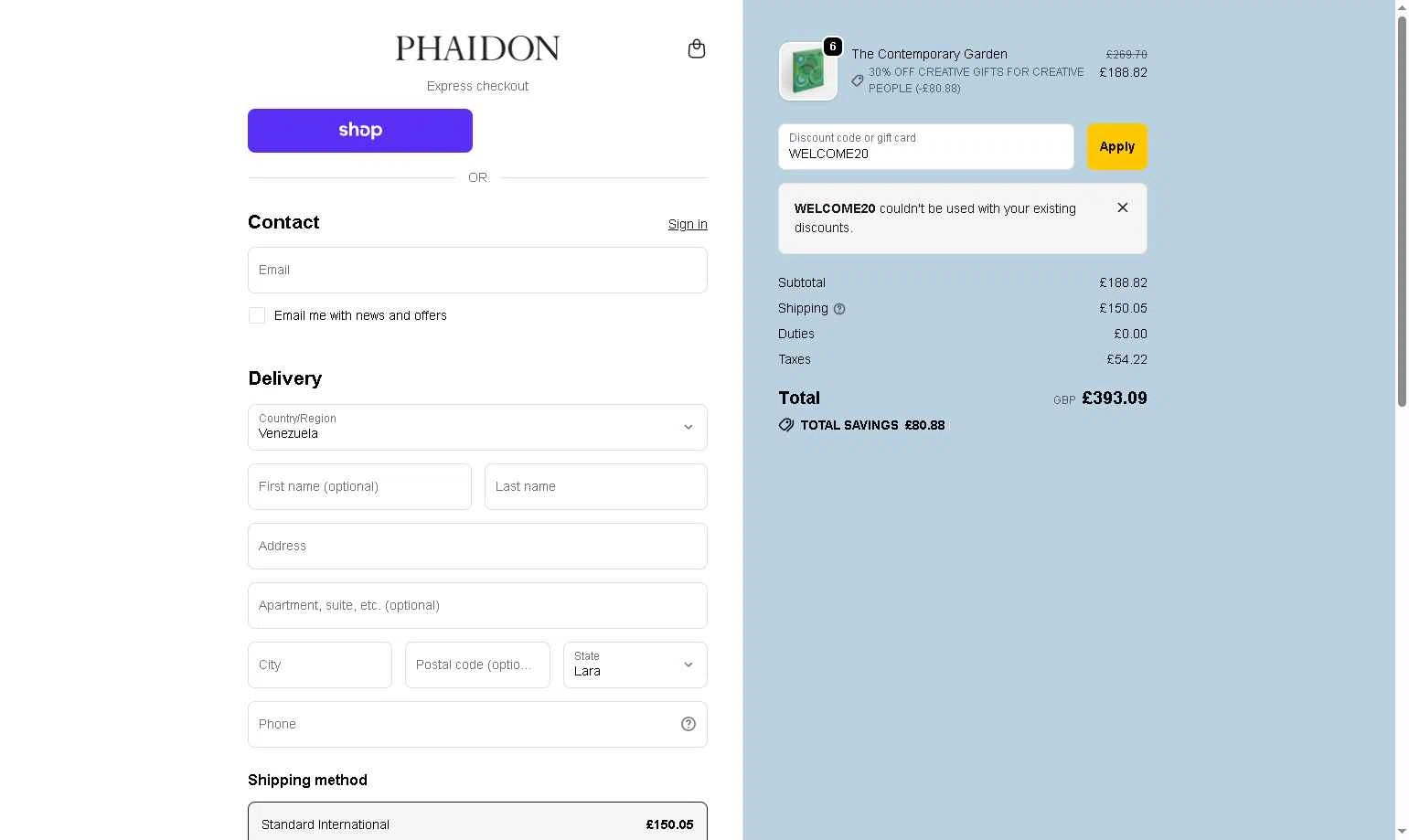 Phaidon checkout page showing Phaidon discount code box | Screenshot taken by SimplyCodes community member on Dec 9, 2025