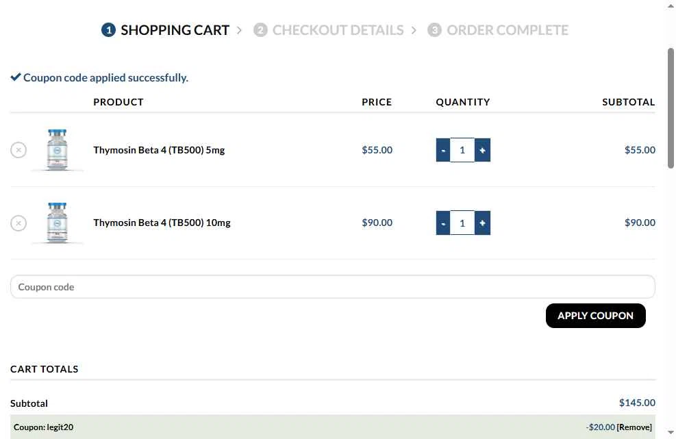 Pharma Grade Peptides checkout page showing Pharma Grade Peptides coupon code box | Screenshot taken by SimplyCodes community member on Jan 9, 2026