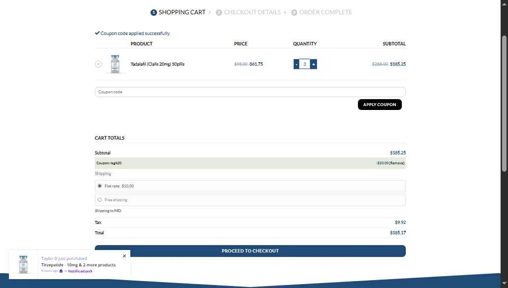 Pharma Grade Peptides checkout page showing Pharma Grade Peptides coupon code box | Screenshot taken by SimplyCodes community member on Oct 31, 2025