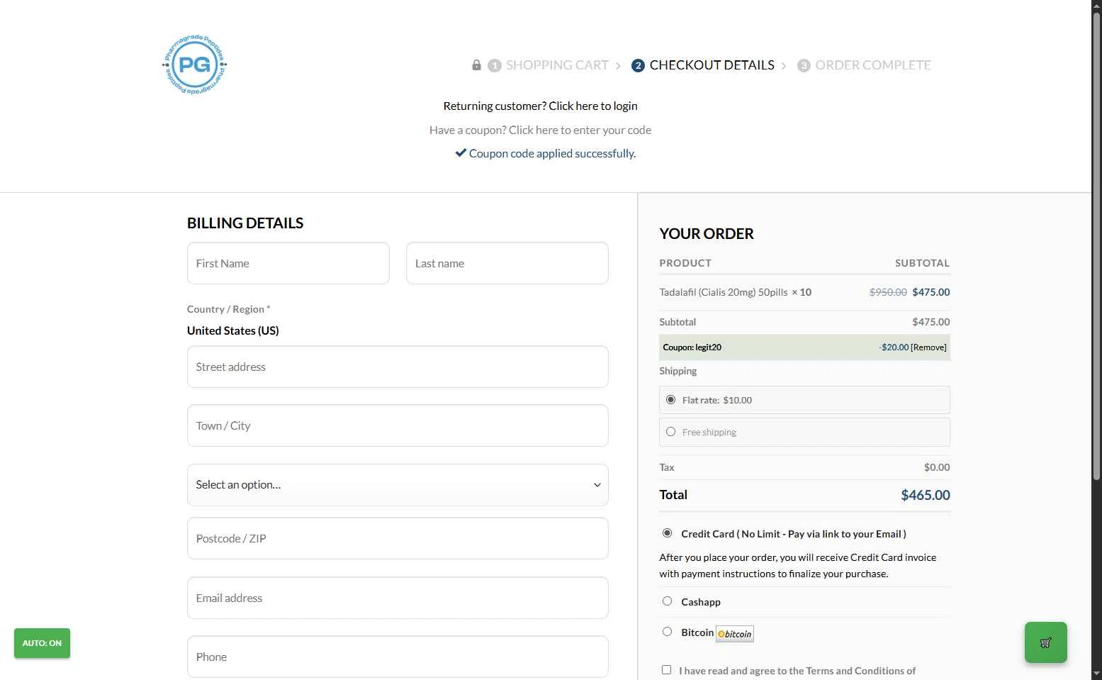 Pharma Grade Peptides checkout page showing Pharma Grade Peptides coupon code box | Screenshot taken by SimplyCodes community member on Oct 31, 2025