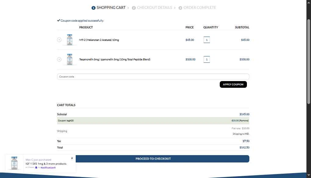 Pharma Grade Peptides checkout page showing Pharma Grade Peptides coupon code box | Screenshot taken by SimplyCodes community member on Oct 2, 2025