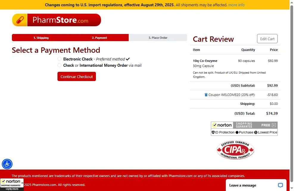 PharmStore checkout page showing PharmStore coupon code box | Screenshot taken by SimplyCodes community member on Aug 10, 2025