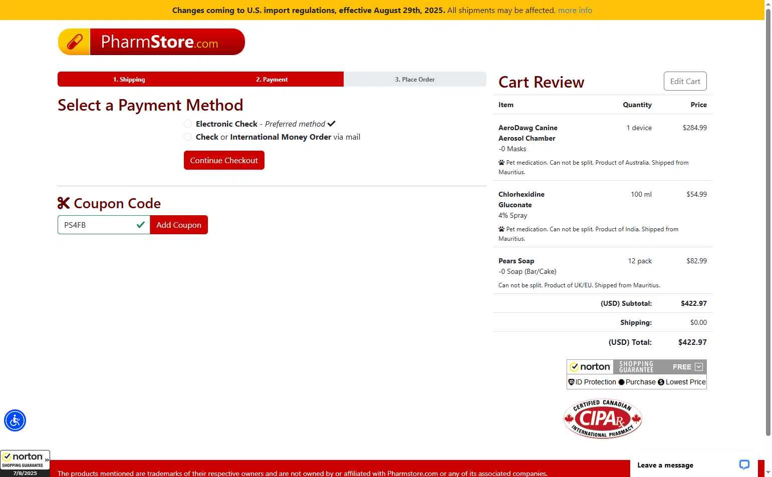 PharmStore checkout page showing PharmStore coupon code box | Screenshot taken by SimplyCodes community member on Aug 8, 2025