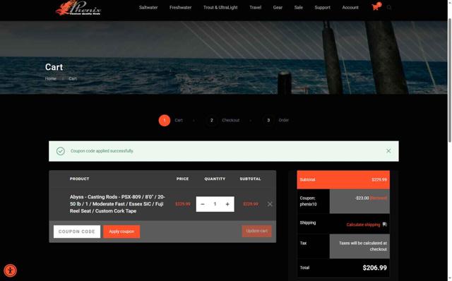 Phenix Rods checkout page showing Phenix Rods coupon code box | Screenshot taken by SimplyCodes community member on Jul 15, 2025