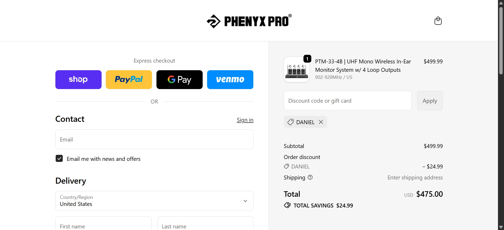 Phenyx Pro promo code screenshot showing code DANIEL applied at Phenyx Pro checkout page. Uploaded by SimplyCodes community member CleverTiger6427 on Jun 8, 2026