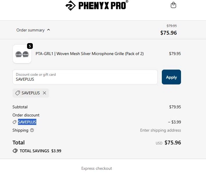 Phenyx Pro promo code screenshot showing code Saveplus applied at Phenyx Pro checkout page. Uploaded by SimplyCodes community member CrownMaven7077 on Jun 8, 2026