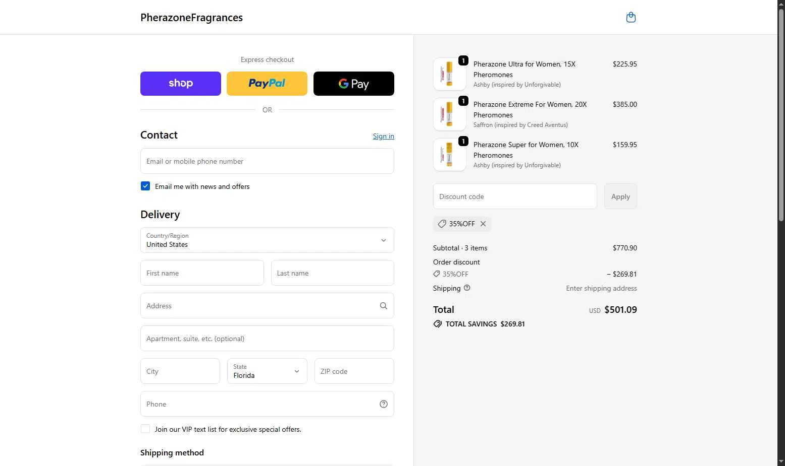 Pherazone checkout page showing Pherazone discount code box | Screenshot taken by SimplyCodes community member on Oct 8, 2025