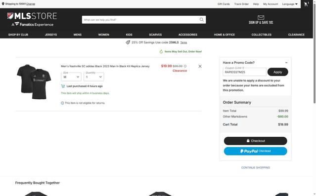 Philadelphia Union checkout page showing Philadelphia Union promo code box | Screenshot taken by SimplyCodes community member on Sep 11, 2025