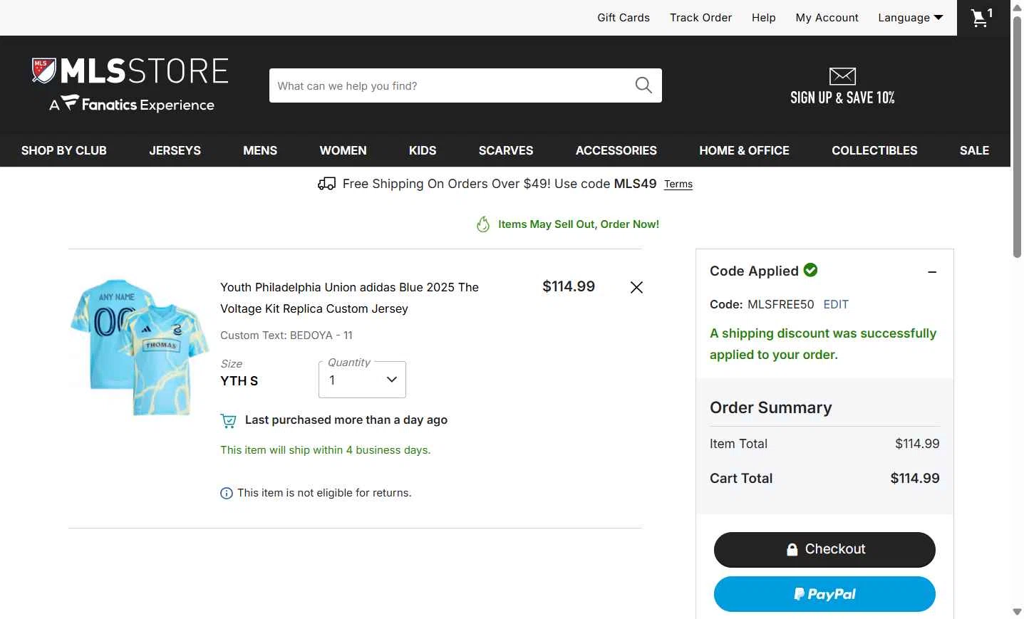 Philadelphia Union checkout page showing Philadelphia Union promo code box | Screenshot taken by SimplyCodes community member on Jan 9, 2026