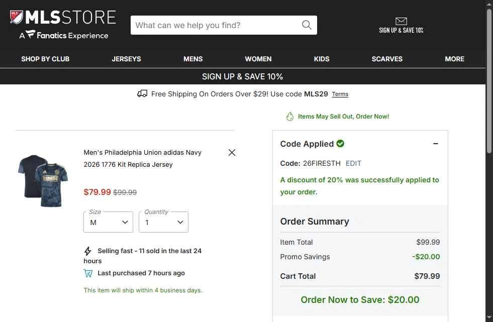 Philadelphia Union checkout page showing Philadelphia Union promo code box | Screenshot taken by SimplyCodes community member on Feb 21, 2026