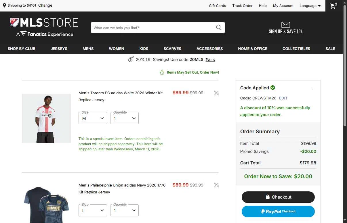 Philadelphia Union checkout page showing Philadelphia Union promo code box | Screenshot taken by SimplyCodes community member on Feb 19, 2026