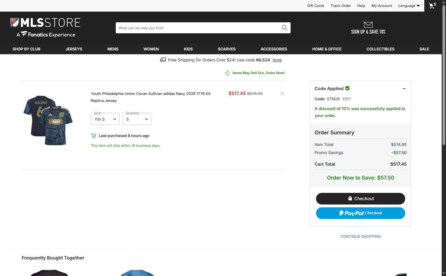 Philadelphia Union checkout page showing Philadelphia Union promo code box | Screenshot taken by SimplyCodes community member on Feb 24, 2026