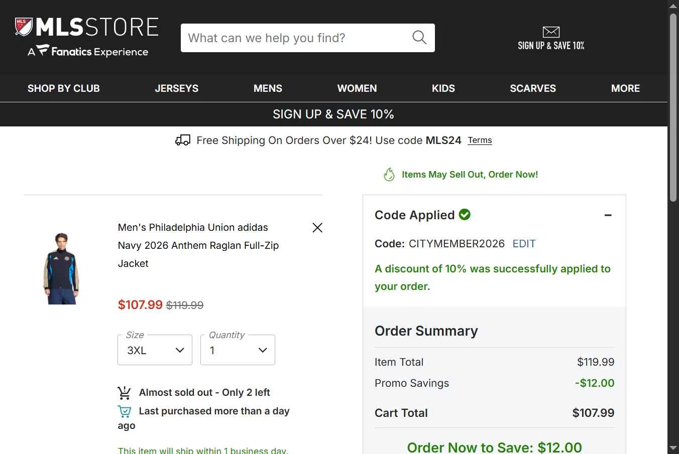 Philadelphia Union checkout page showing Philadelphia Union promo code box | Screenshot taken by SimplyCodes community member on Feb 5, 2026