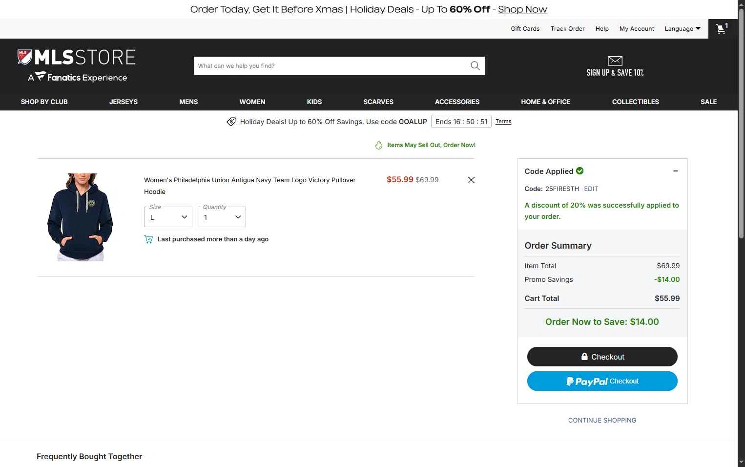 Philadelphia Union checkout page showing Philadelphia Union promo code box | Screenshot taken by SimplyCodes community member on Dec 21, 2025