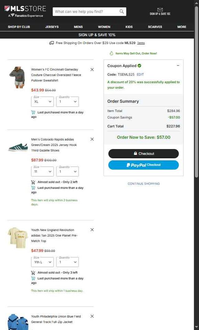 Philadelphia Union checkout page showing Philadelphia Union promo code box | Screenshot taken by SimplyCodes community member on Sep 7, 2025