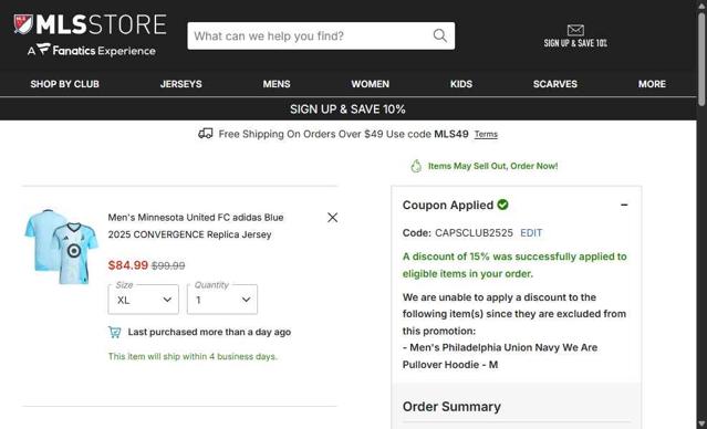 Philadelphia Union checkout page showing Philadelphia Union promo code box | Screenshot taken by SimplyCodes community member on Sep 14, 2025