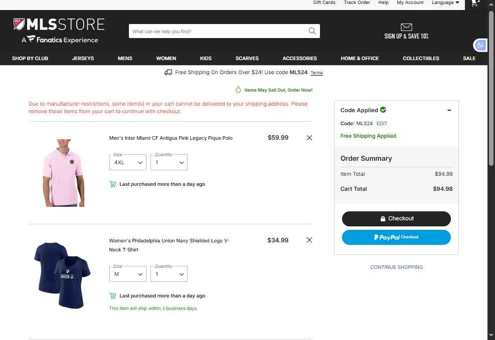 Philadelphia Union checkout page showing Philadelphia Union promo code box | Screenshot taken by SimplyCodes community member on Feb 6, 2026